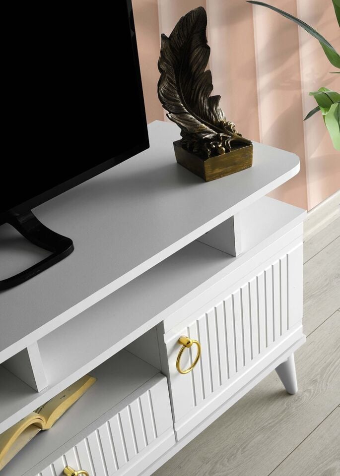 130 CM MDF MEBRAN KAPAK RAFLI TV SEHPASI BEYAZ