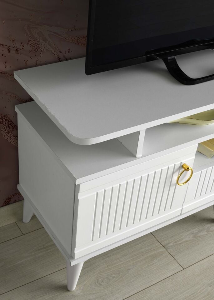 130 CM MDF MEBRAN KAPAK RAFLI TV SEHPASI BEYAZ