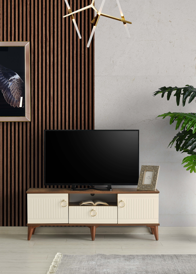 130 CM MDF MEBRAN KAPAK TV SEHPASI BAROK CEVİZ - KREM