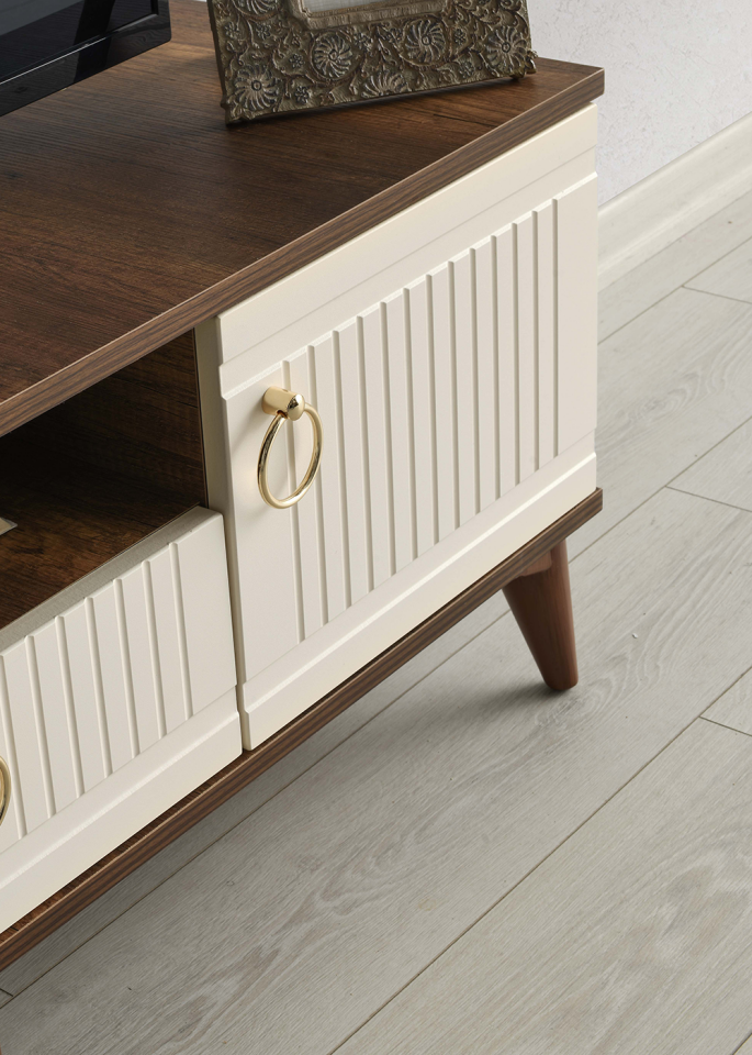 130 CM MDF MEBRAN KAPAK TV SEHPASI BAROK CEVİZ - KREM