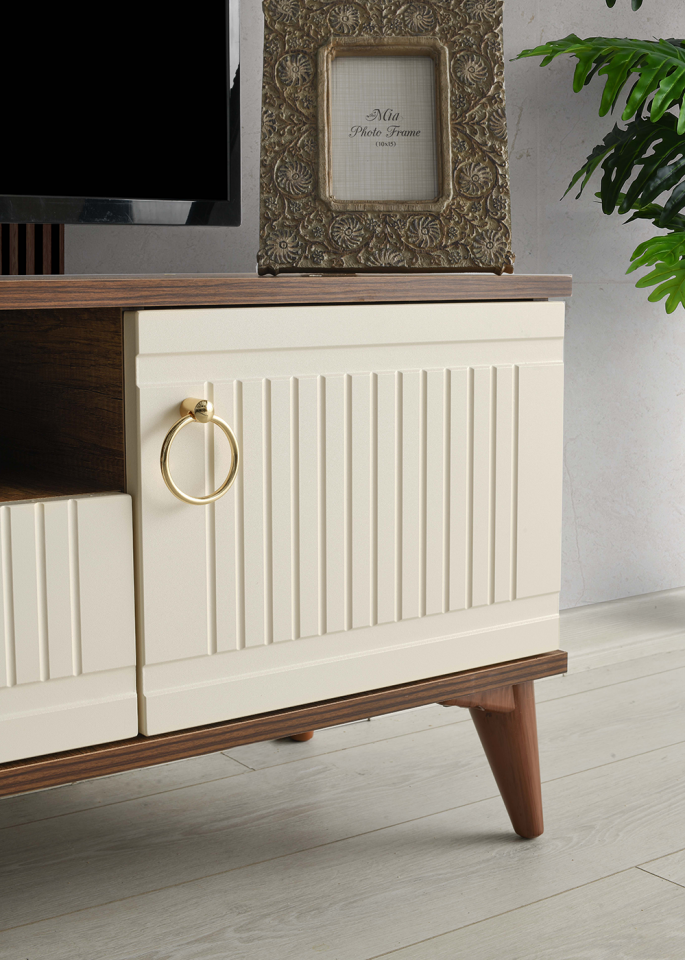 130 CM MDF MEBRAN KAPAK TV SEHPASI BAROK CEVİZ - KREM