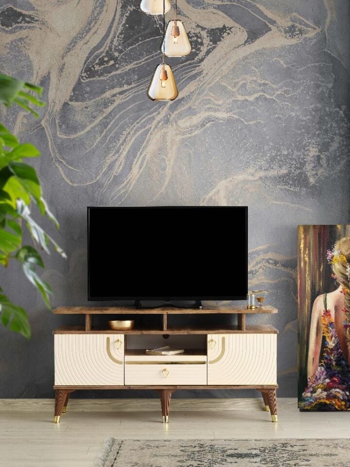 130 CM ART RAFLI MDF MEBRAN KAPAK TV SEHPASI PASİFİK CEVİZ - GOLD KREM