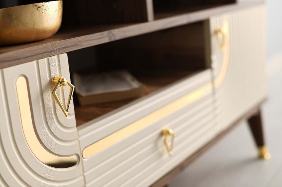 130 CM ART RAFLI MDF MEBRAN KAPAK TV SEHPASI PASİFİK CEVİZ - GOLD KREM