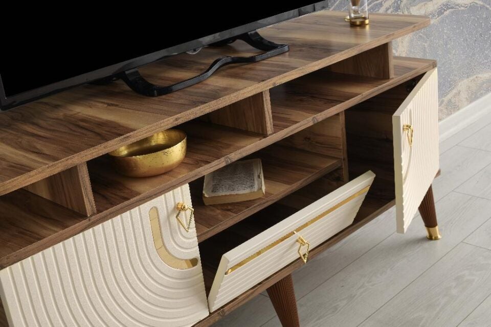130 CM ART RAFLI MDF MEBRAN KAPAK TV SEHPASI PASİFİK CEVİZ - GOLD KREM