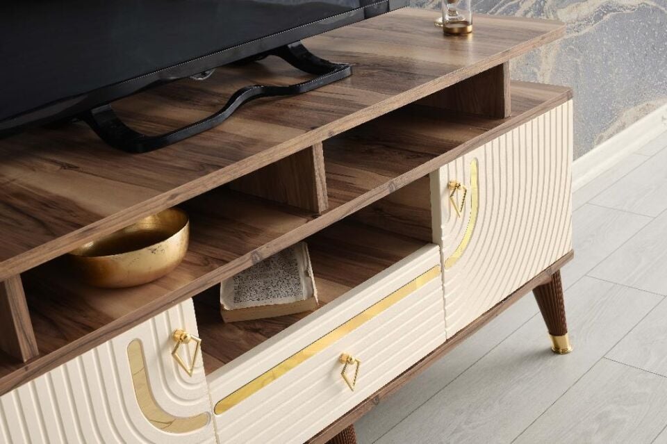 130 CM ART RAFLI MDF MEBRAN KAPAK TV SEHPASI PASİFİK CEVİZ - GOLD KREM