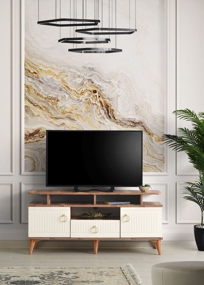 130 CM MDF MEBRAN KAPAK RAFLI TV SEHPASI PASİFİK CEVİZ - KREM