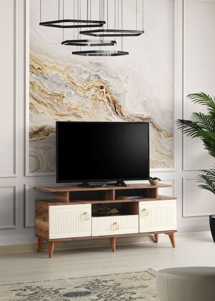 130 CM MDF MEBRAN KAPAK RAFLI TV SEHPASI PASİFİK CEVİZ - KREM