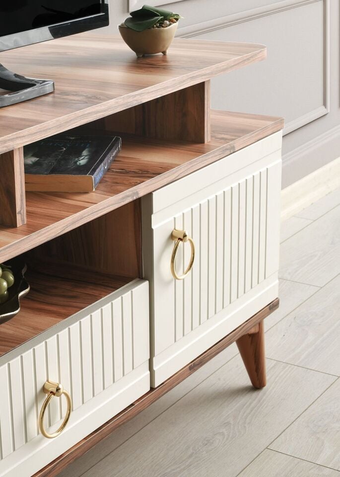 130 CM MDF MEBRAN KAPAK RAFLI TV SEHPASI PASİFİK CEVİZ - KREM