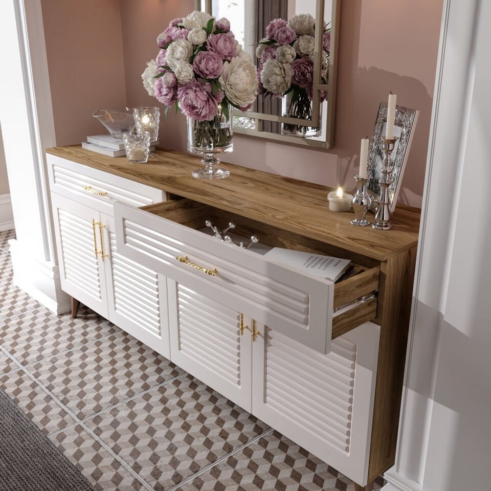 180 cm panjurlu konsol — fonksiyonel çekmeceli ve kapaklı depolama çözümü