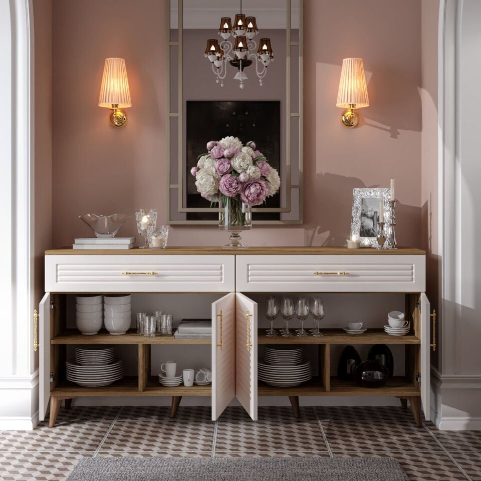 4 kapaklı 2 çekmeceli panjurlu konsol — aytaşı ceviz renkli geniş depolama