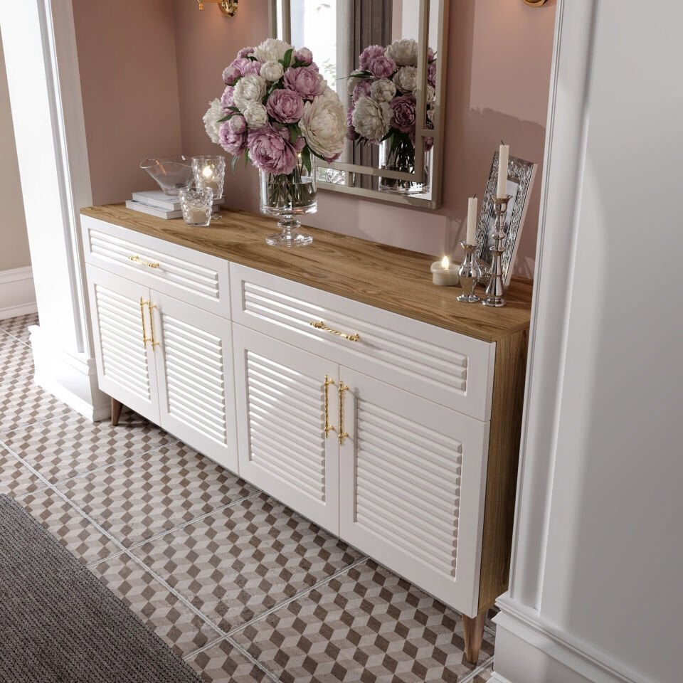 Modern aytaşı ceviz konsol — panjurlu yüzey ve MDF membran kapak detaylı