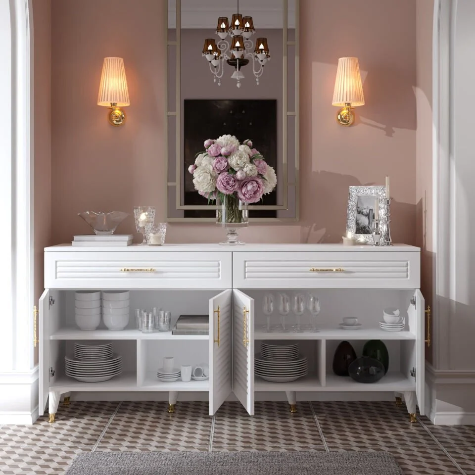 4 kapaklı 2 çekmeceli panjurlu konsol — beyaz gümüş renkli geniş depolama mobilyası