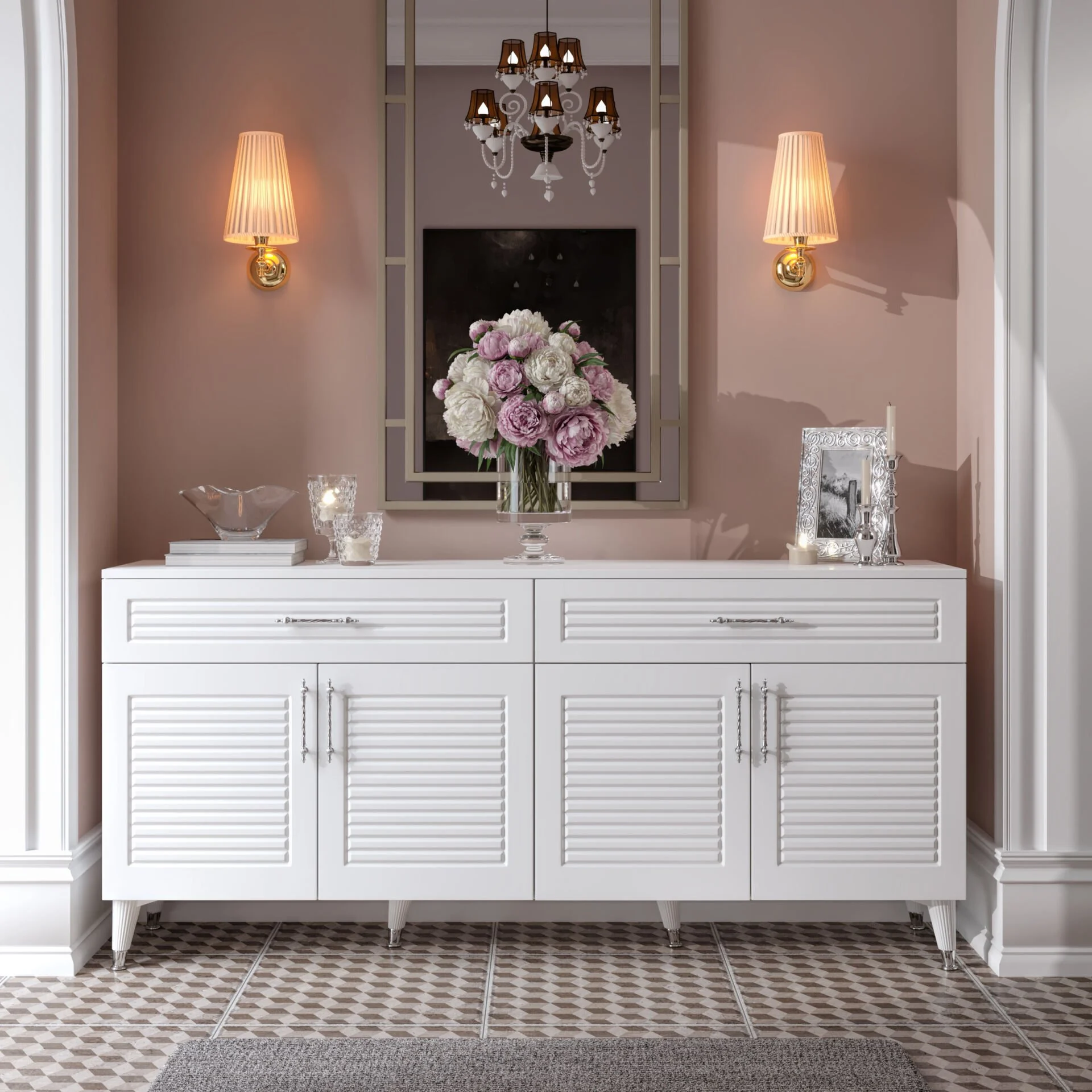 Panjurlu MDF membran kapaklı 180 cm beyaz gümüş konsol — modern ve şık tasarım