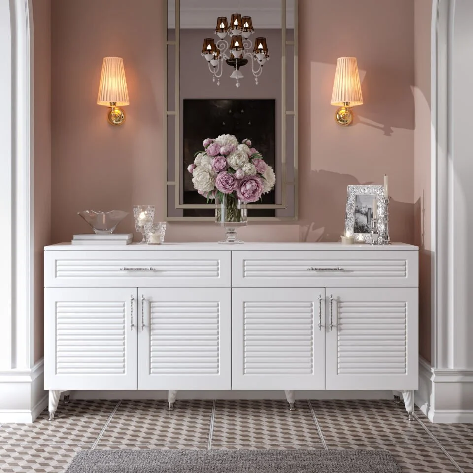 Panjurlu MDF membran kapaklı 180 cm beyaz gümüş konsol — modern ve şık tasarım