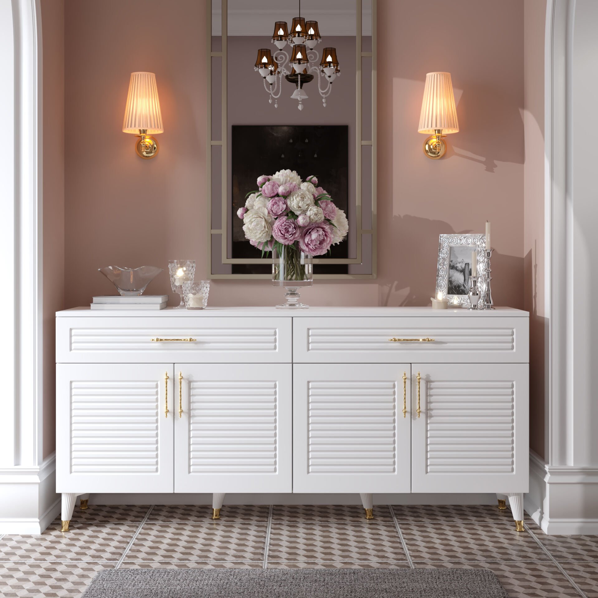 Panjurlu MDF membran kapaklı 180 cm beyaz gold konsol — modern ve şık tasarım