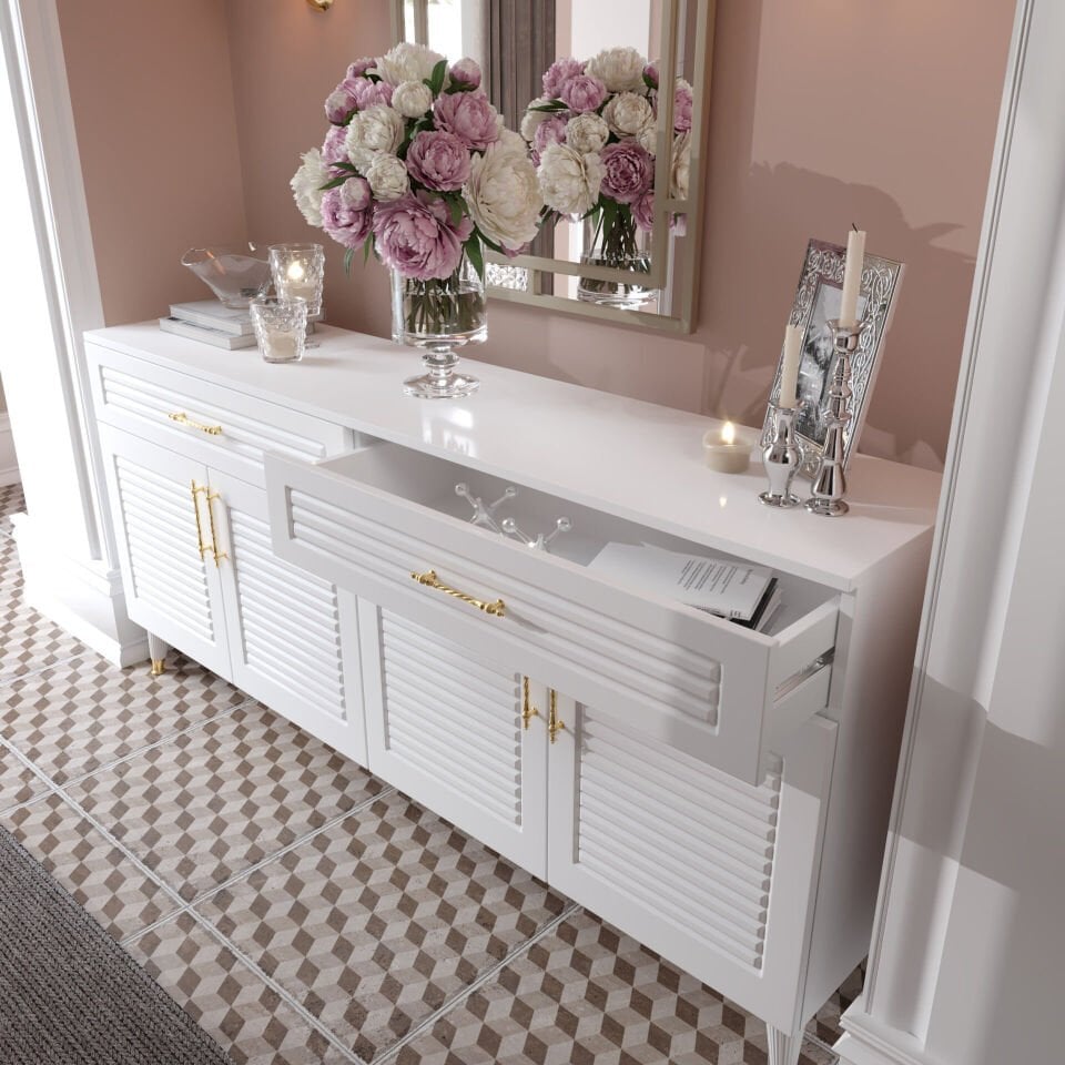 180 cm panjurlu konsol — beyaz gold renkli, pratik ve fonksiyonel depolama