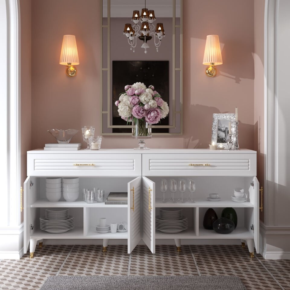 4 kapaklı 2 çekmeceli panjurlu konsol — geniş depolama alanı ile salon dekoru