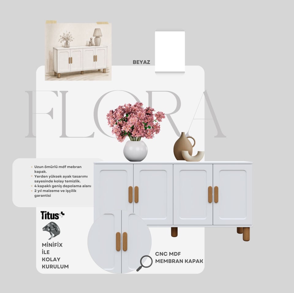 Flora Bohem Konsol 4 Kapaklı MDF Mebran Kapak 160 cm Modern Salon Konsolu Beyaz
