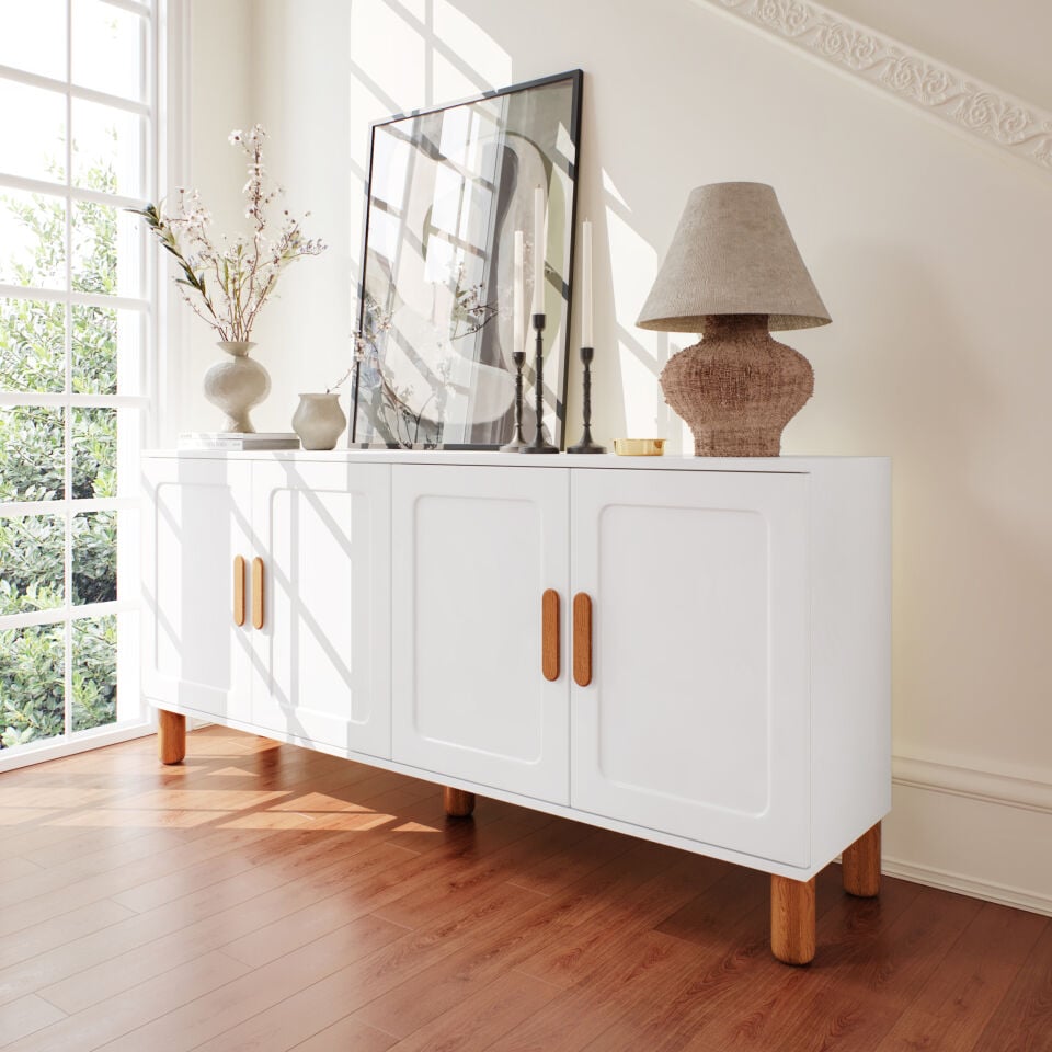 Flora Bohem Konsol 4 Kapaklı MDF Mebran Kapak 160 cm Modern Salon Konsolu Beyaz