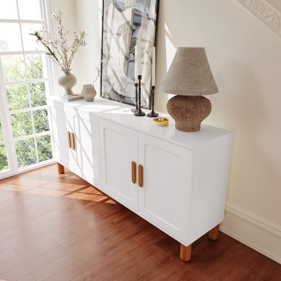 Flora Bohem Konsol 4 Kapaklı MDF Mebran Kapak 160 cm Modern Salon Konsolu Beyaz