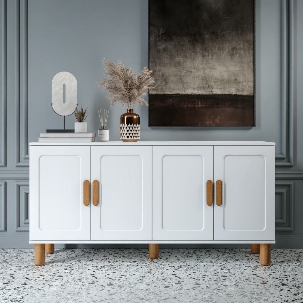 Flora Bohem Konsol 4 Kapaklı MDF Mebran Kapak 160 cm Modern Salon Konsolu Beyaz