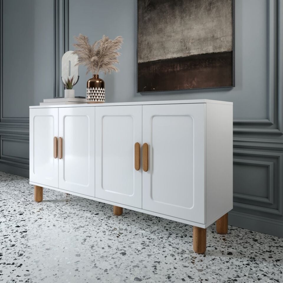 Flora Bohem Konsol 4 Kapaklı MDF Mebran Kapak 160 cm Modern Salon Konsolu Beyaz