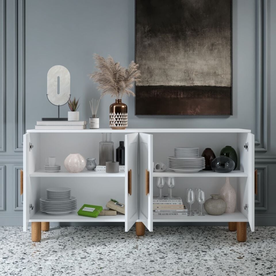 Flora Bohem Konsol 4 Kapaklı MDF Mebran Kapak 160 cm Modern Salon Konsolu Beyaz