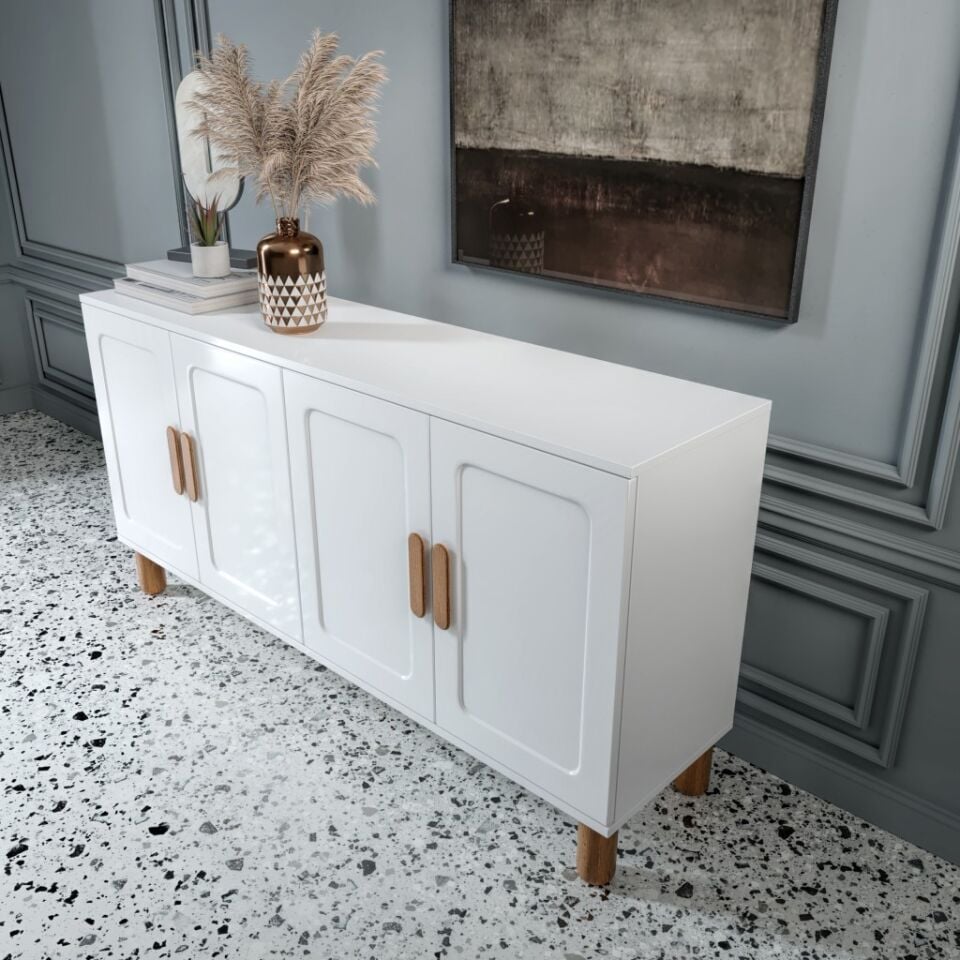 Flora Bohem Konsol 4 Kapaklı MDF Mebran Kapak 160 cm Modern Salon Konsolu Beyaz