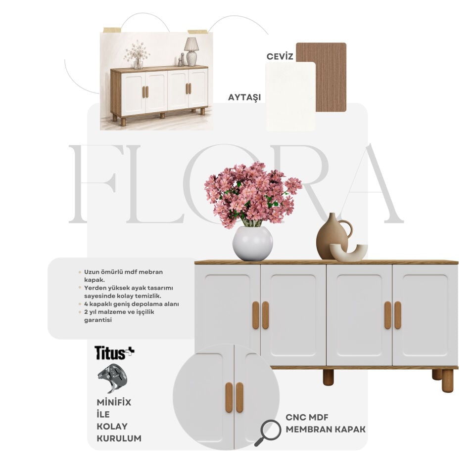 Flora Bohem Konsol 4 Kapaklı MDF Mebran Kapak 160 cm Modern Salon Konsolu Aytaşı Ceviz