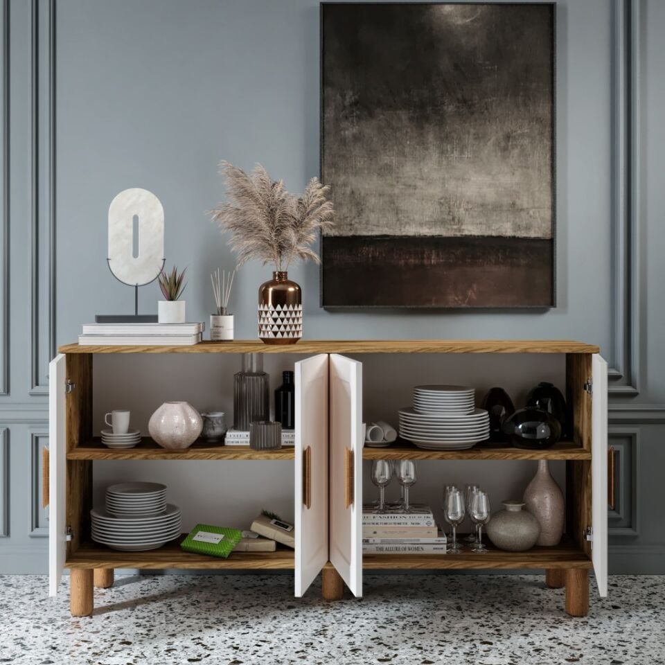 Flora Bohem Konsol 4 Kapaklı MDF Mebran Kapak 160 cm Modern Salon Konsolu Aytaşı Ceviz