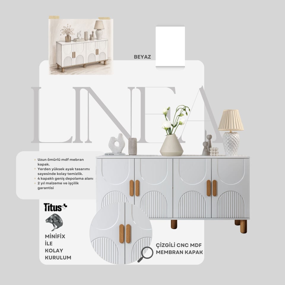 Linea Bohem Konsol 4 Kapaklı MDF Mebran Kapak 160 cm Modern Salon Konsolu Beyaz