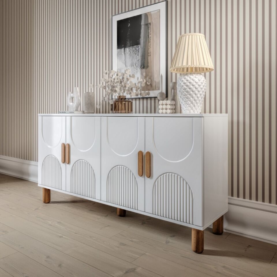 Linea Bohem Konsol 4 Kapaklı MDF Mebran Kapak 160 cm Modern Salon Konsolu Beyaz