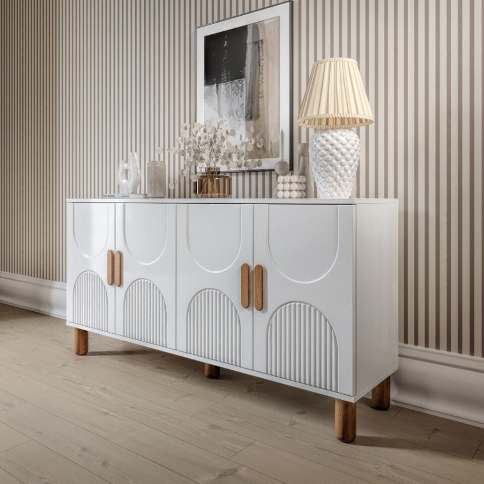Linea Bohem Konsol 4 Kapaklı MDF Mebran Kapak 160 cm Modern Salon Konsolu Beyaz