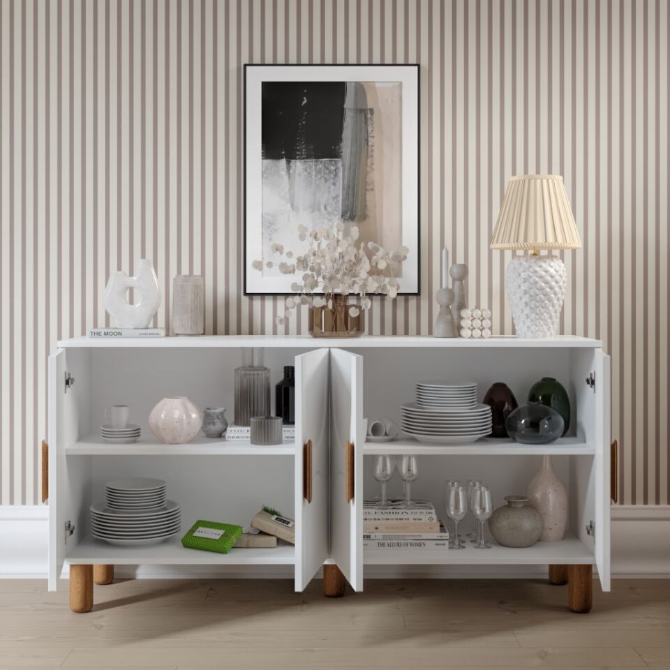 Linea Bohem Konsol 4 Kapaklı MDF Mebran Kapak 160 cm Modern Salon Konsolu Beyaz