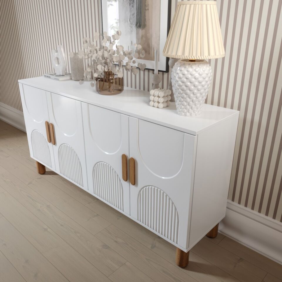 Linea Bohem Konsol 4 Kapaklı MDF Mebran Kapak 160 cm Modern Salon Konsolu Beyaz