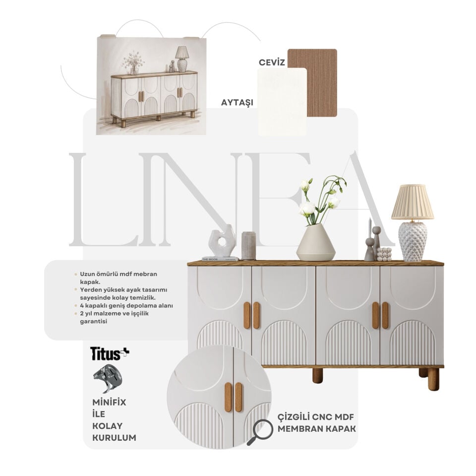Linea  Bohem Konsol 4 Kapaklı MDF Mebran Kapak 160 cm Modern Salon Konsolu Aytaşı Ceviz