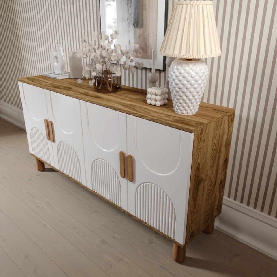 Linea  Bohem Konsol 4 Kapaklı MDF Mebran Kapak 160 cm Modern Salon Konsolu Aytaşı Ceviz