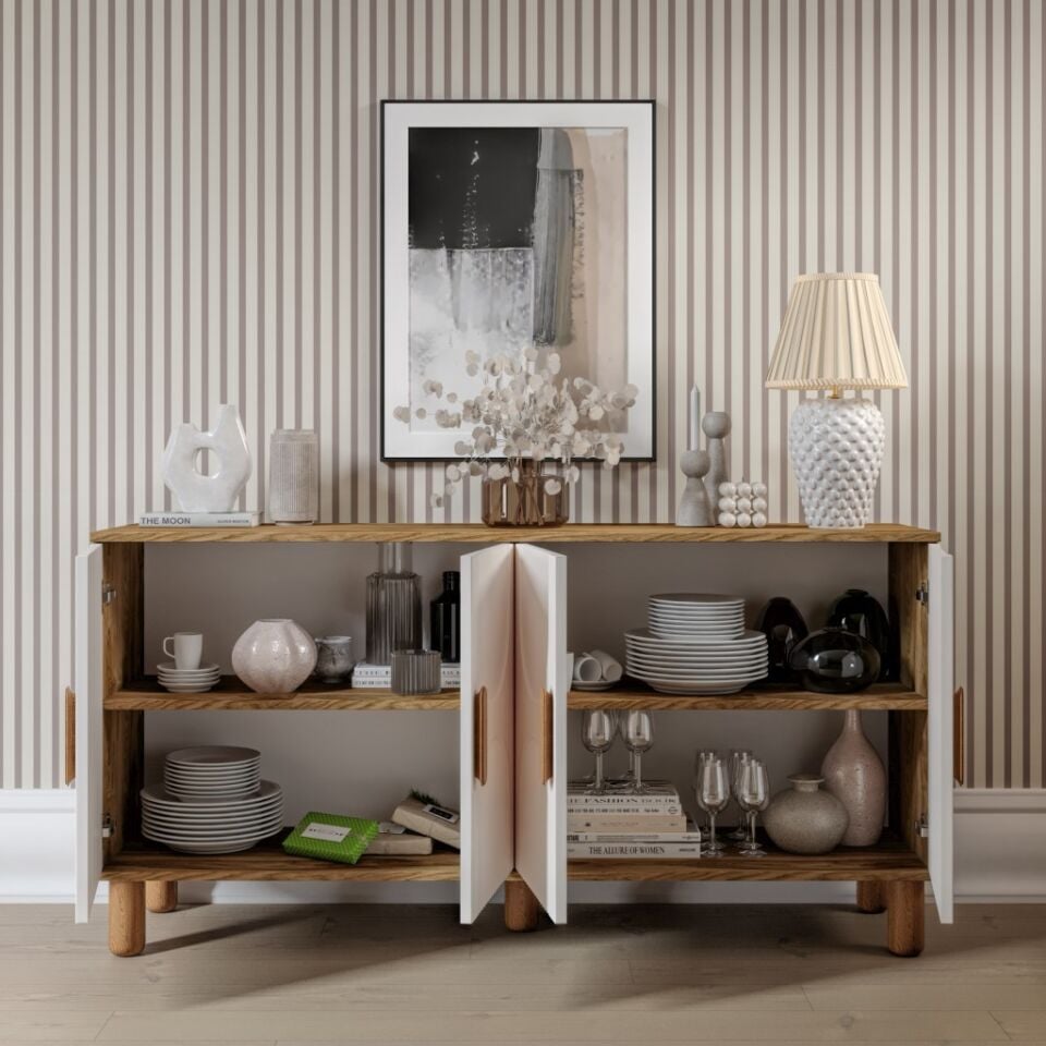 Linea  Bohem Konsol 4 Kapaklı MDF Mebran Kapak 160 cm Modern Salon Konsolu Aytaşı Ceviz