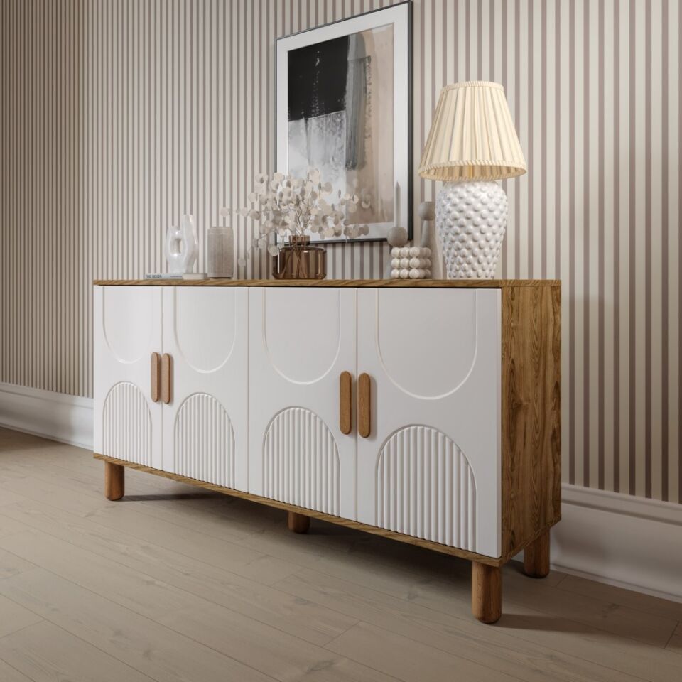 Linea  Bohem Konsol 4 Kapaklı MDF Mebran Kapak 160 cm Modern Salon Konsolu Aytaşı Ceviz