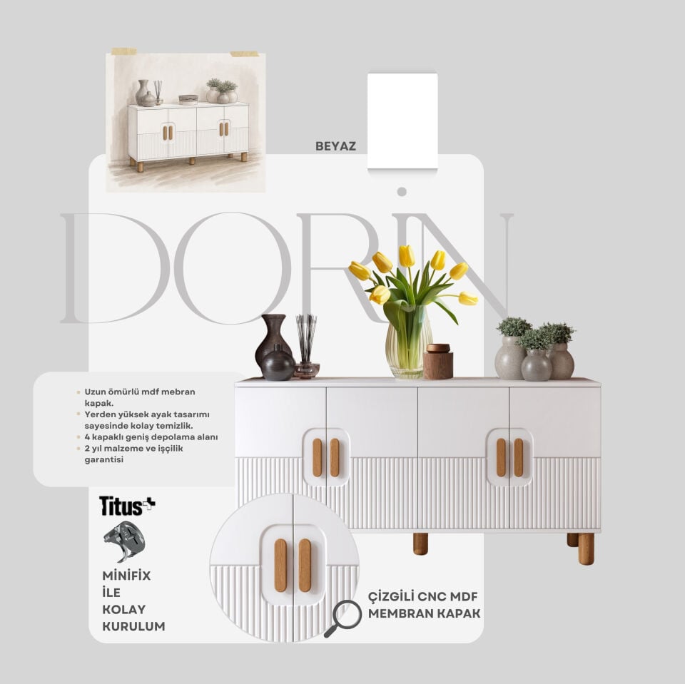 Dorin Bohem Konsol 4 Kapaklı MDF Mebran Kapak 160 cm Modern Salon Konsolu Beyaz
