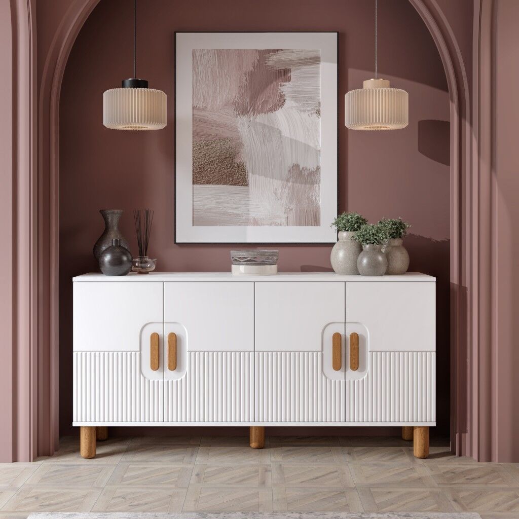 Dorin Bohem Konsol 4 Kapaklı MDF Mebran Kapak 160 cm Modern Salon Konsolu Beyaz