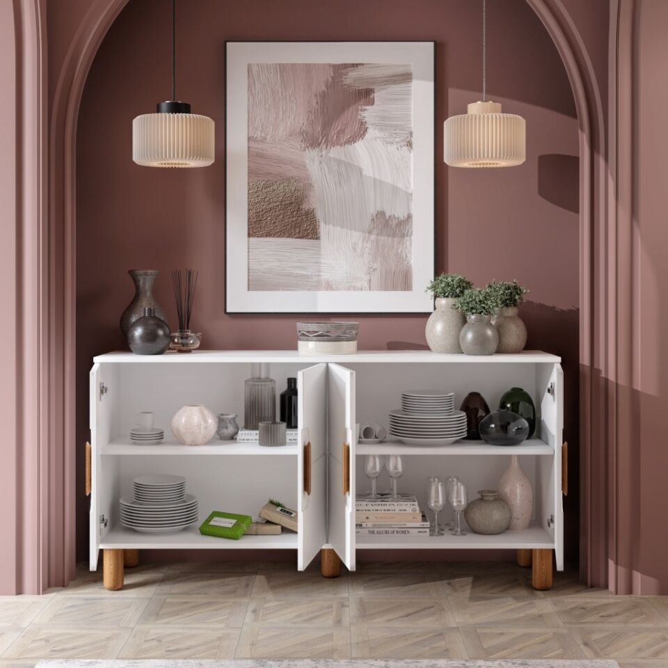 Dorin Bohem Konsol 4 Kapaklı MDF Mebran Kapak 160 cm Modern Salon Konsolu Beyaz