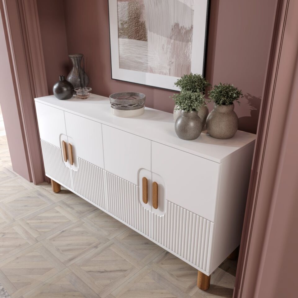 Dorin Bohem Konsol 4 Kapaklı MDF Mebran Kapak 160 cm Modern Salon Konsolu Beyaz