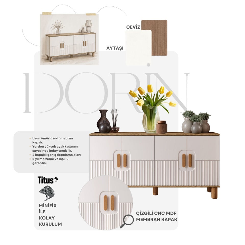 Dorin  Bohem Konsol 4 Kapaklı MDF Mebran Kapak 160 cm Modern Salon Konsolu Aytaşı Ceviz