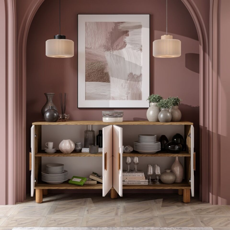 Dorin  Bohem Konsol 4 Kapaklı MDF Mebran Kapak 160 cm Modern Salon Konsolu Aytaşı Ceviz