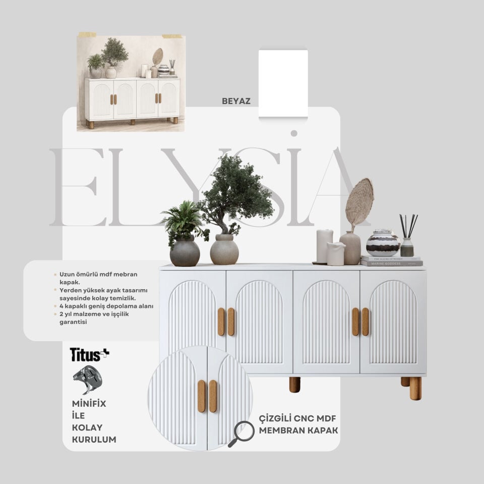 Elysia Bohem Konsol 4 Kapaklı MDF Mebran Kapak 160 cm Modern Salon Konsolu Beyaz