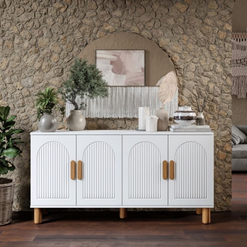 Elysia Bohem Konsol 4 Kapaklı MDF Mebran Kapak 160 cm Modern Salon Konsolu Beyaz