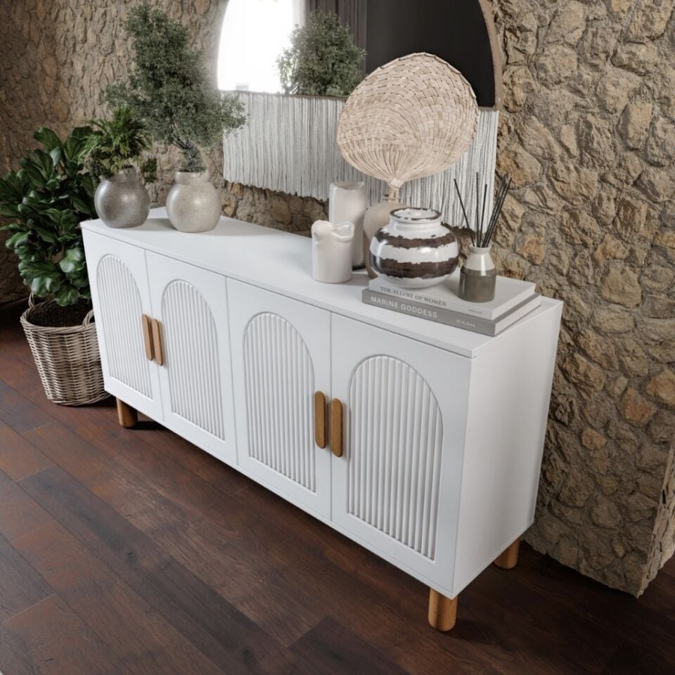 Elysia Bohem Konsol 4 Kapaklı MDF Mebran Kapak 160 cm Modern Salon Konsolu Beyaz