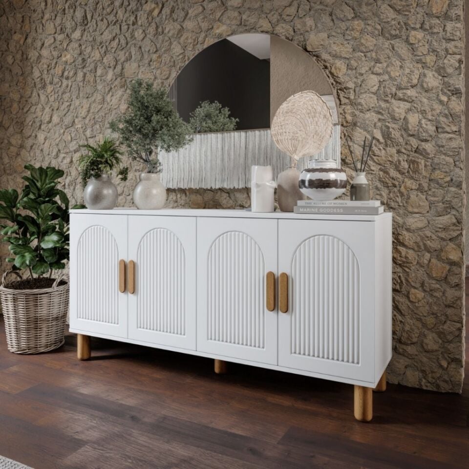 Elysia Bohem Konsol 4 Kapaklı MDF Mebran Kapak 160 cm Modern Salon Konsolu Beyaz