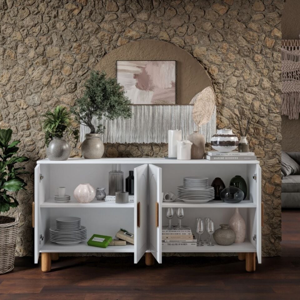 Elysia Bohem Konsol 4 Kapaklı MDF Mebran Kapak 160 cm Modern Salon Konsolu Beyaz